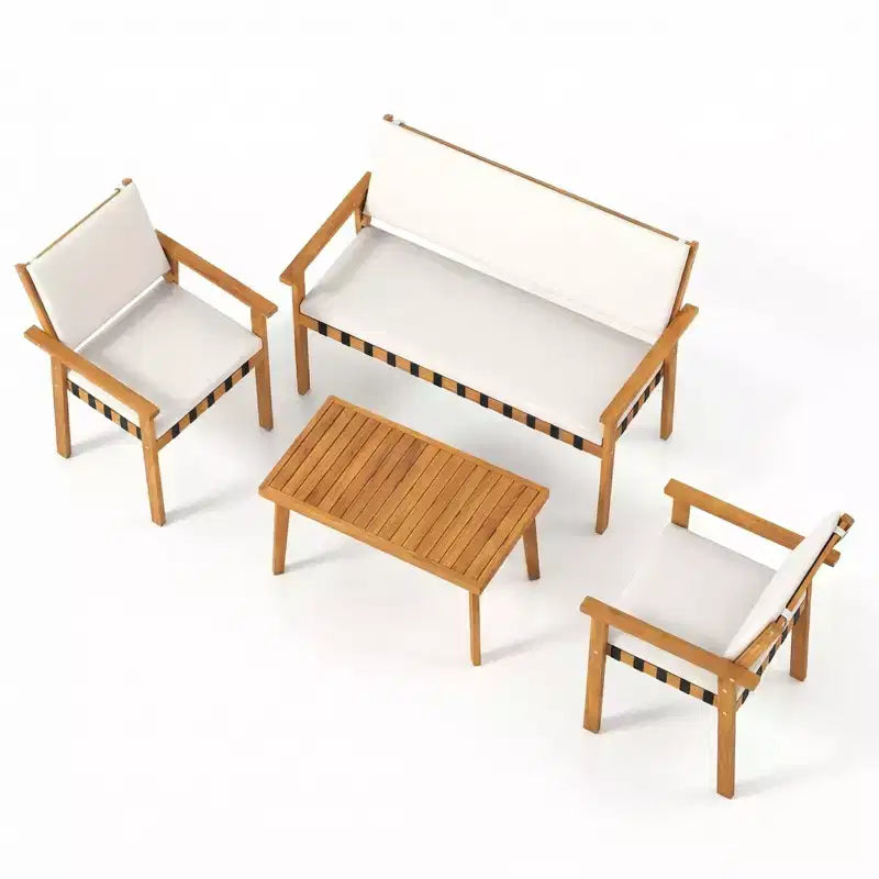 Gymax Set of 4 Patio Bistro Set w/Acacia Coffee Table for Yard White Cushions
