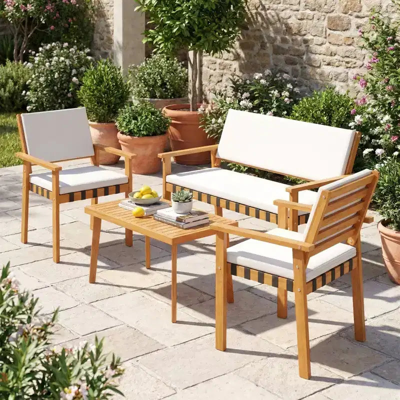 Gymax Set of 4 Patio Bistro Set w/Acacia Coffee Table for Yard White Cushions