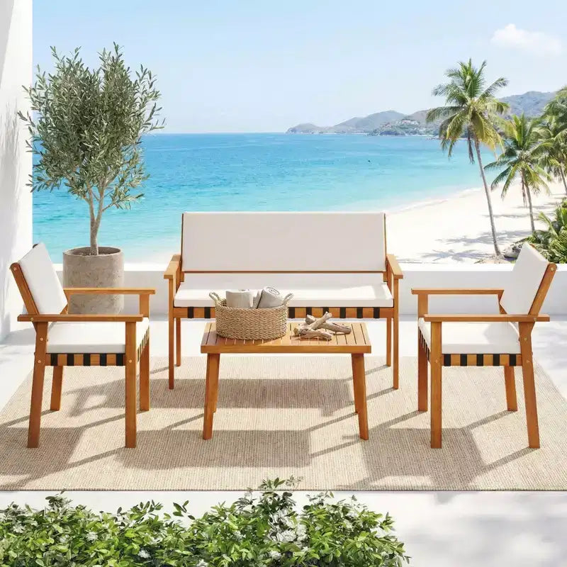 Gymax Set of 4 Patio Bistro Set w/Acacia Coffee Table for Yard White Cushions