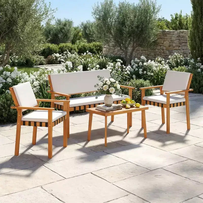 Gymax Set of 4 Patio Bistro Set w/Acacia Coffee Table for Yard White Cushions