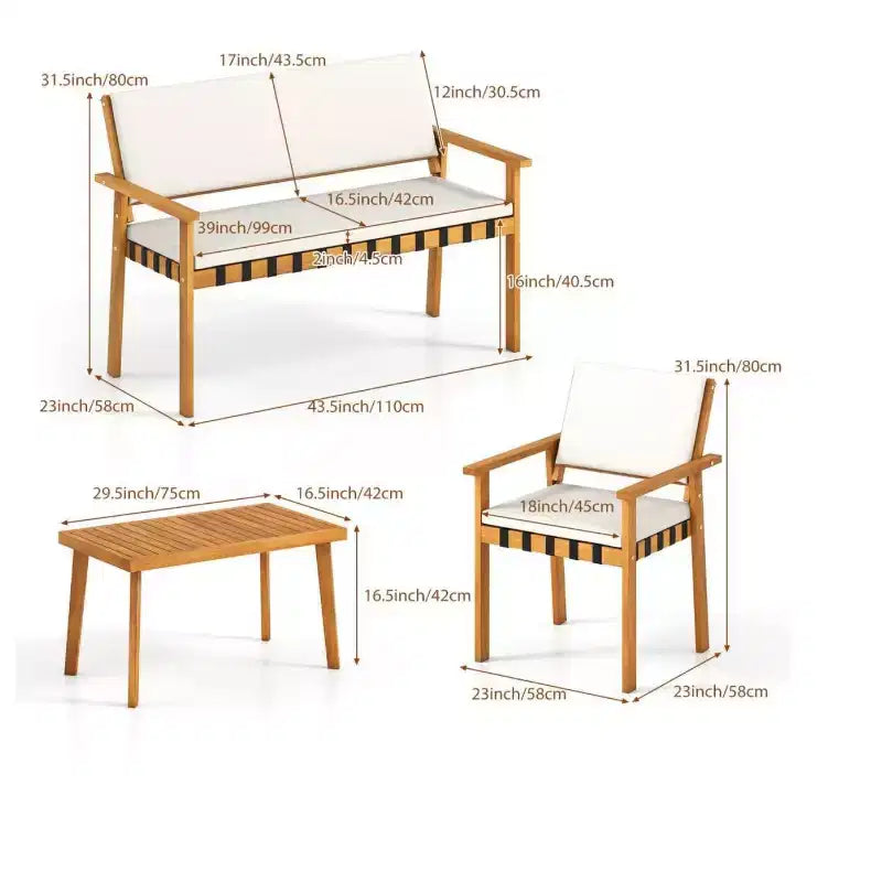 Gymax Set of 4 Patio Bistro Set w/Acacia Coffee Table for Yard White Cushions
