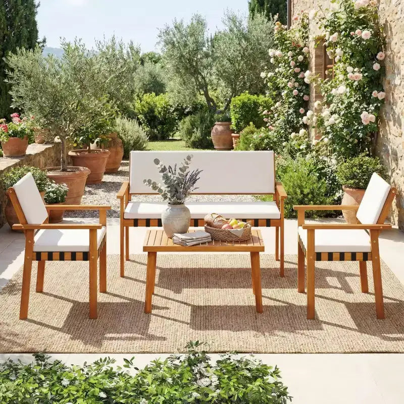 Gymax Set of 4 Patio Bistro Set w/Acacia Coffee Table for Yard White Cushions