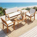 Gymax Set of 4 Patio Bistro Set w/Acacia Coffee Table for Yard White Cushions