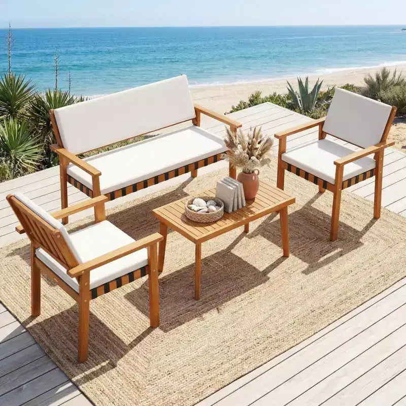 Gymax Set of 4 Patio Bistro Set w/Acacia Coffee Table for Yard White Cushions