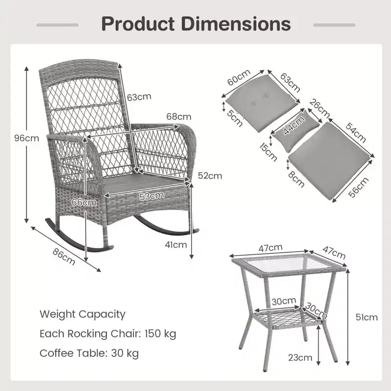 3-Piece Outdoor Wicker Rocking Chair Bistro Set w/ Tempered Glass Table, Rattan Patio Conversation Furniture w/ Cushions & Pillows for Balcony