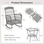 3-Piece Outdoor Wicker Rocking Chair Bistro Set w/ Tempered Glass Table, Rattan Patio Conversation Furniture w/ Cushions & Pillows for Balcony