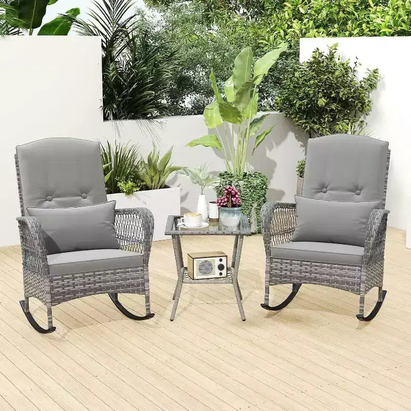 3-Piece Outdoor Wicker Rocking Chair Bistro Set w/ Tempered Glass Table, Rattan Patio Conversation Furniture w/ Cushions & Pillows for Balcony