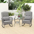 3-Piece Outdoor Wicker Rocking Chair Bistro Set w/ Tempered Glass Table, Rattan Patio Conversation Furniture w/ Cushions & Pillows for Balcony