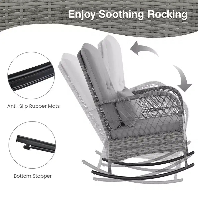 3-Piece Outdoor Wicker Rocking Chair Bistro Set w/ Tempered Glass Table, Rattan Patio Conversation Furniture w/ Cushions & Pillows for Balcony