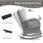 3-Piece Outdoor Wicker Rocking Chair Bistro Set w/ Tempered Glass Table, Rattan Patio Conversation Furniture w/ Cushions & Pillows for Balcony
