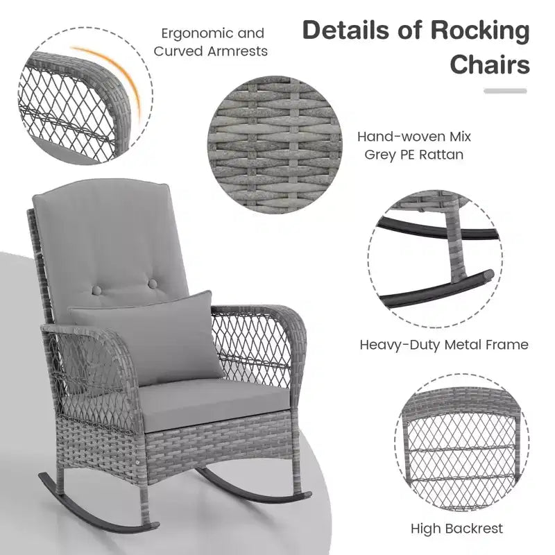 3-Piece Outdoor Wicker Rocking Chair Bistro Set w/ Tempered Glass Table, Rattan Patio Conversation Furniture w/ Cushions & Pillows for Balcony
