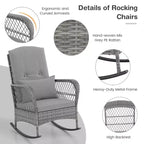 3-Piece Outdoor Wicker Rocking Chair Bistro Set w/ Tempered Glass Table, Rattan Patio Conversation Furniture w/ Cushions & Pillows for Balcony
