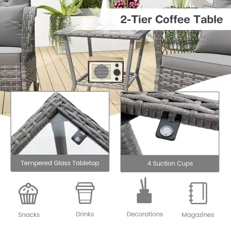 3-Piece Outdoor Wicker Rocking Chair Bistro Set w/ Tempered Glass Table, Rattan Patio Conversation Furniture w/ Cushions & Pillows for Balcony