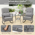 3-Piece Outdoor Wicker Rocking Chair Bistro Set w/ Tempered Glass Table, Rattan Patio Conversation Furniture w/ Cushions & Pillows for Balcony