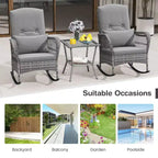 3-Piece Outdoor Wicker Rocking Chair Bistro Set w/ Tempered Glass Table, Rattan Patio Conversation Furniture w/ Cushions & Pillows for Balcony