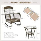 3-Piece Outdoor Wicker Rocking Chair Bistro Set w/ Tempered Glass Table, Rattan Patio Conversation Furniture w/ Cushions & Pillows for Balcony