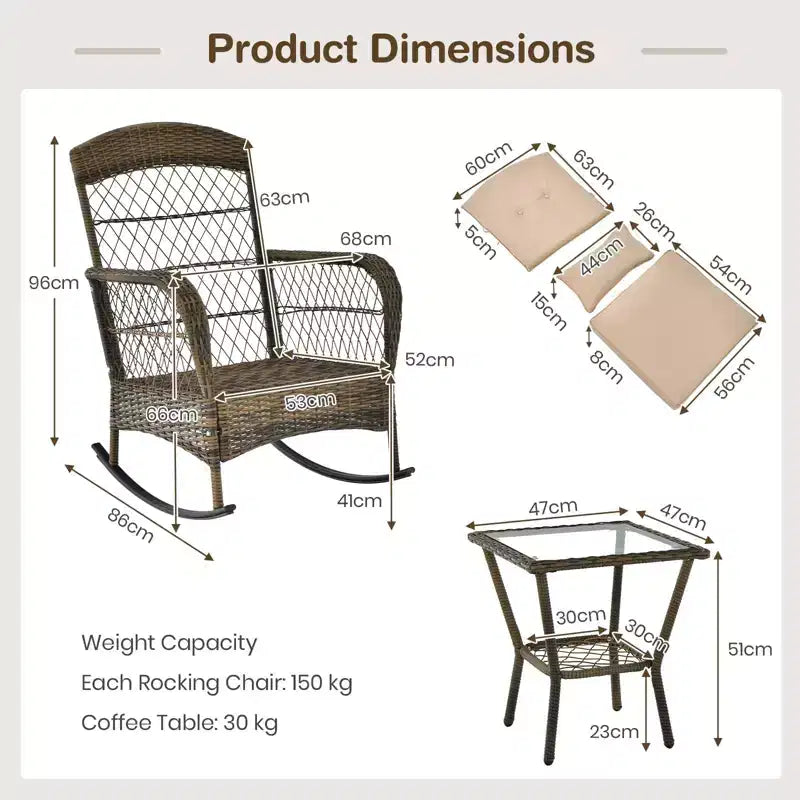 3-Piece Outdoor Wicker Rocking Chair Bistro Set w/ Tempered Glass Table, Rattan Patio Conversation Furniture w/ Cushions & Pillows for Balcony
