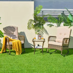 3-Piece Outdoor Wicker Rocking Chair Bistro Set w/ Tempered Glass Table, Rattan Patio Conversation Furniture w/ Cushions & Pillows for Balcony