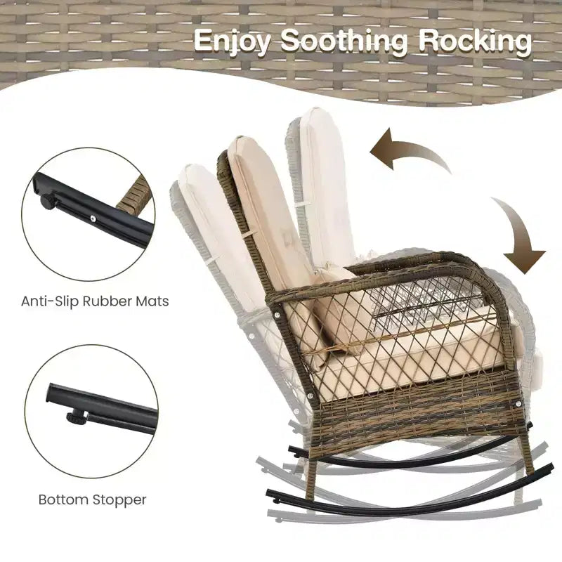 3-Piece Outdoor Wicker Rocking Chair Bistro Set w/ Tempered Glass Table, Rattan Patio Conversation Furniture w/ Cushions & Pillows for Balcony