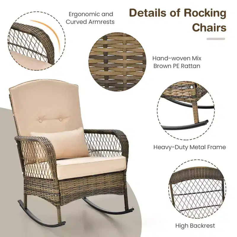 3-Piece Outdoor Wicker Rocking Chair Bistro Set w/ Tempered Glass Table, Rattan Patio Conversation Furniture w/ Cushions & Pillows for Balcony