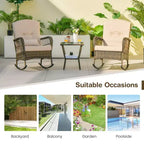 3-Piece Outdoor Wicker Rocking Chair Bistro Set w/ Tempered Glass Table, Rattan Patio Conversation Furniture w/ Cushions & Pillows for Balcony