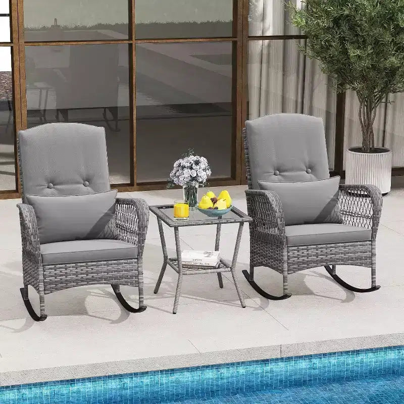 3-Piece Outdoor Wicker Rocking Chair Bistro Set w/ Tempered Glass Table, Rattan Patio Conversation Furniture w/ Cushions & Pillows for Balcony