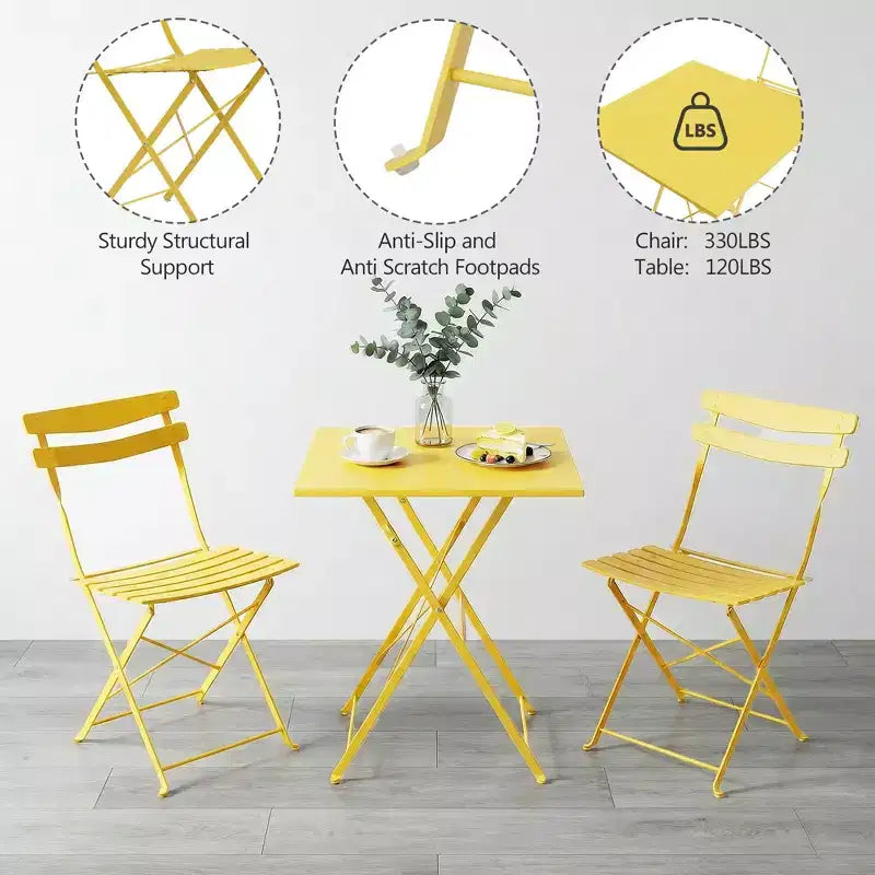 3 Piece Patio Bistro Set, Folding Patio Bistro Table and Chairs Set of 2, Outdoor Patio Furniture Set, Metal Structure, for Balcony Yard Garden
