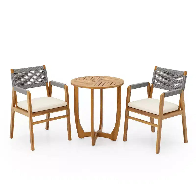 ModernLuxe Outdoor Bistro Set Dining Set, Solid Acacia Wood 3-Piece Patio Conversation Set with Upholstered Armchairs