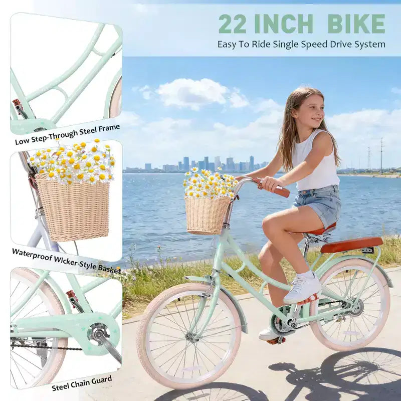 NAYSAYE Girls Beach Cruiser Bike with Front Basket & Sturdy Steel Frame for Comfortable Outdoor City Commute, Green, 58.39*24.53*36.93