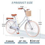 NAYSAYE Women Beach Cruiser Bike with Front Basket & Sturdy Frame for Comfortable Outdoor City Commuting, Blue, 63.98*24.53*38.82