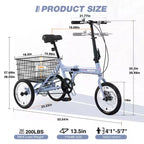 NAYSAYE Adult Folding Tricycle with Basket, Collapsible Steel Frame, Large Load Capacity for Outdoor Shopping & Travel, Blue, 53.54*23.23*39.49