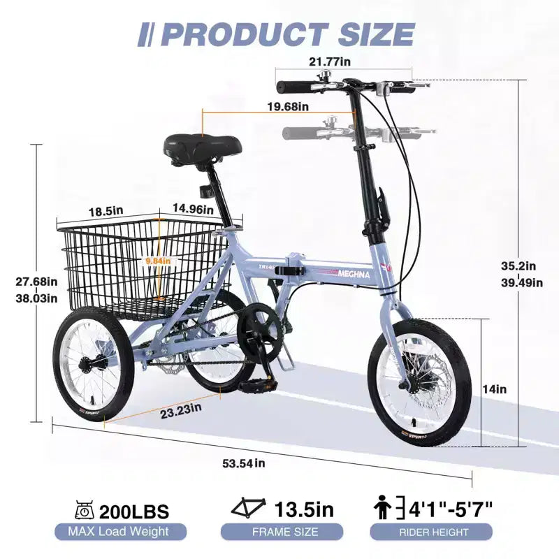 NAYSAYE Adult Folding Tricycle with Basket, Collapsible Steel Frame, Large Load Capacity for Outdoor Shopping & Travel, Blue, 53.54*23.23*39.49