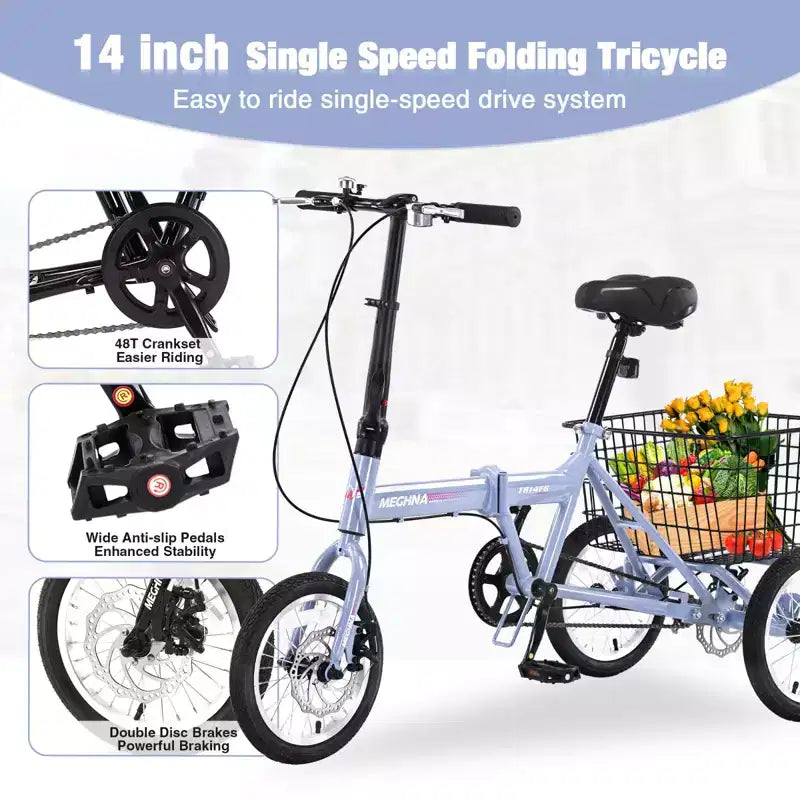 NAYSAYE Adult Folding Tricycle with Basket, Collapsible Steel Frame, Large Load Capacity for Outdoor Shopping & Travel, Blue, 53.54*23.23*39.49
