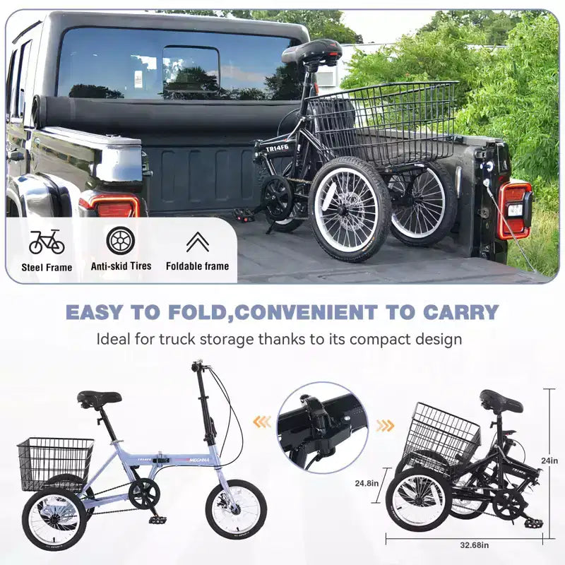 NAYSAYE Adult Folding Tricycle with Basket, Collapsible Steel Frame, Large Load Capacity for Outdoor Shopping & Travel, Blue, 53.54*23.23*39.49