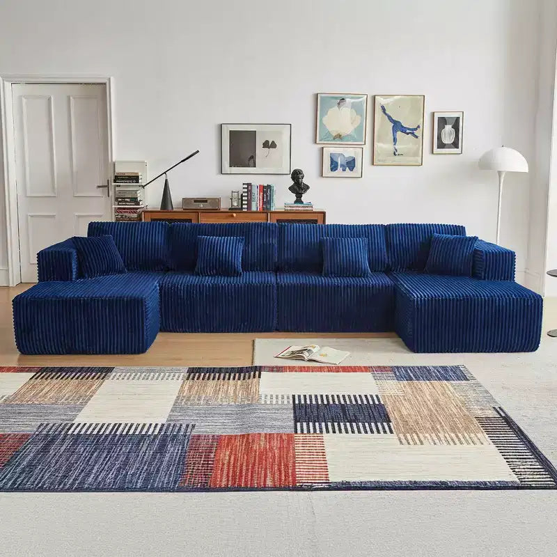 MAYEERTY Blue Flannel U-Shaped Modular Sectional Sofa High-Density Foam with Throw Pillows