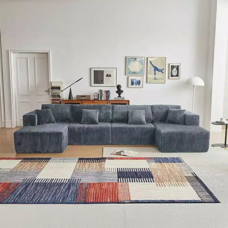 MAYEERTY Blue Flannel U-Shaped Modular Sectional Sofa High-Density Foam with Throw Pillows