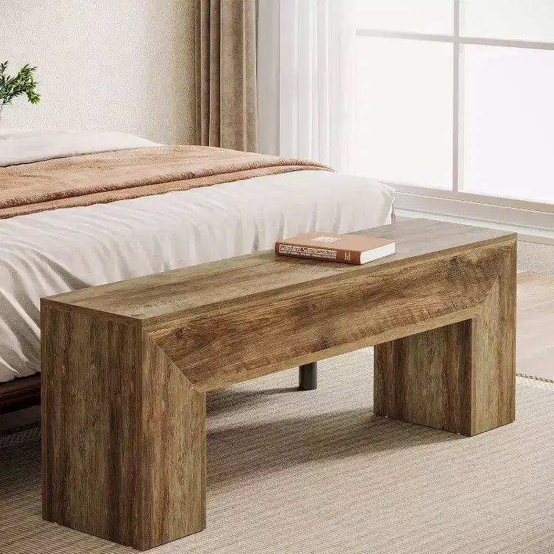 Lantine47'' Wooden Entryway Bench, Farmhouse Entry Bench Seat with Storage Capability for Living Room, Bedroom, Hallway, Easy Assembly, Oak Brown