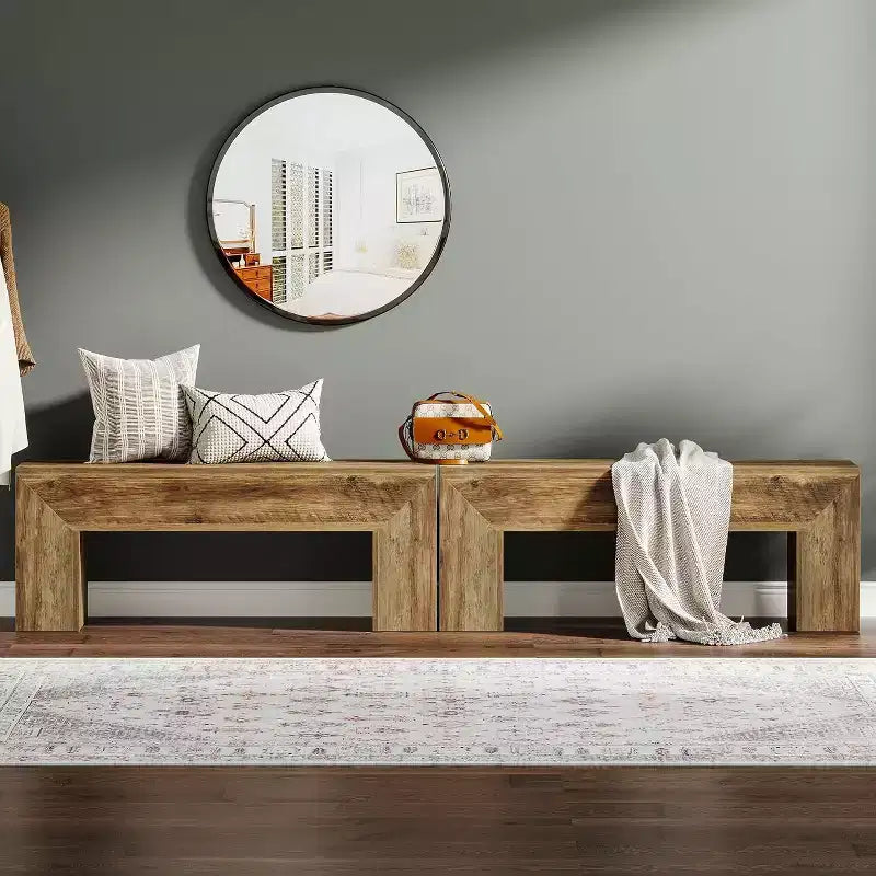 Lantine47'' Wooden Entryway Bench, Farmhouse Entry Bench Seat with Storage Capability for Living Room, Bedroom, Hallway, Easy Assembly, Oak Brown