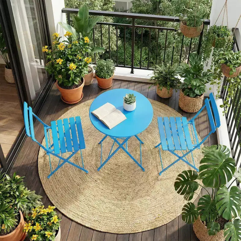 3 Piece Folding Patio Bistro Set, Outdoor/Indoor Bistro Table and Chairs Set with Metal Frame, Portable Round Table with 2 Chairs for Garden Porch