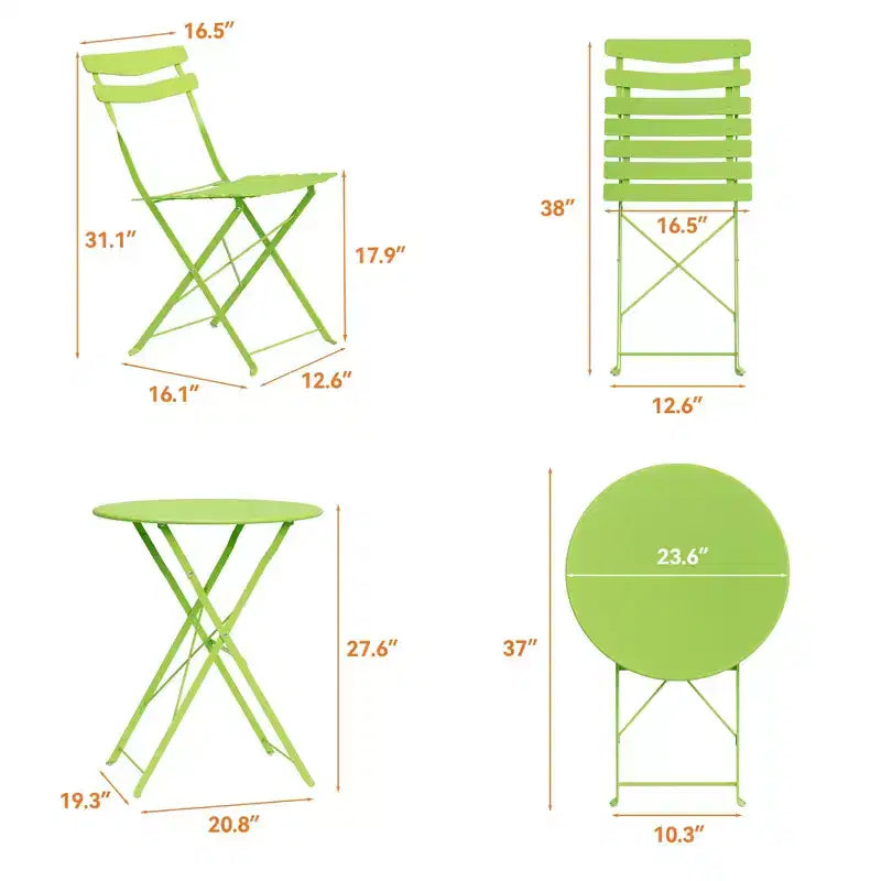 3 Piece Folding Patio Bistro Set, Outdoor/Indoor Bistro Table and Chairs Set with Metal Frame, Portable Round Table with 2 Chairs for Garden Porch
