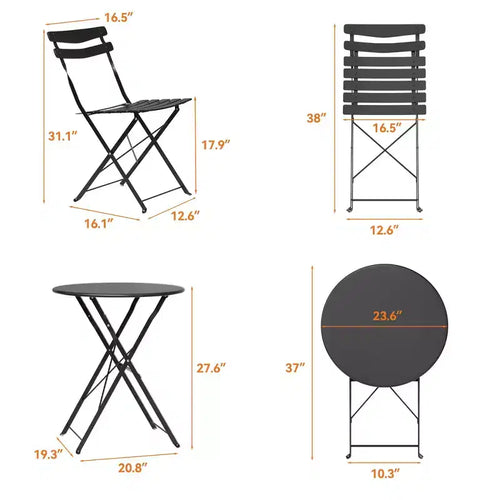 3 Piece Folding Patio Bistro Set, Outdoor/Indoor Bistro Table and Chairs Set with Metal Frame, Portable Round Table with 2 Chairs for Garden Porch