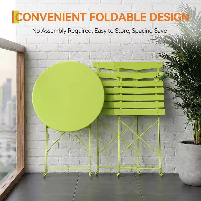 3 Piece Folding Patio Bistro Set, Outdoor/Indoor Bistro Table and Chairs Set with Metal Frame, Portable Round Table with 2 Chairs for Garden Porch