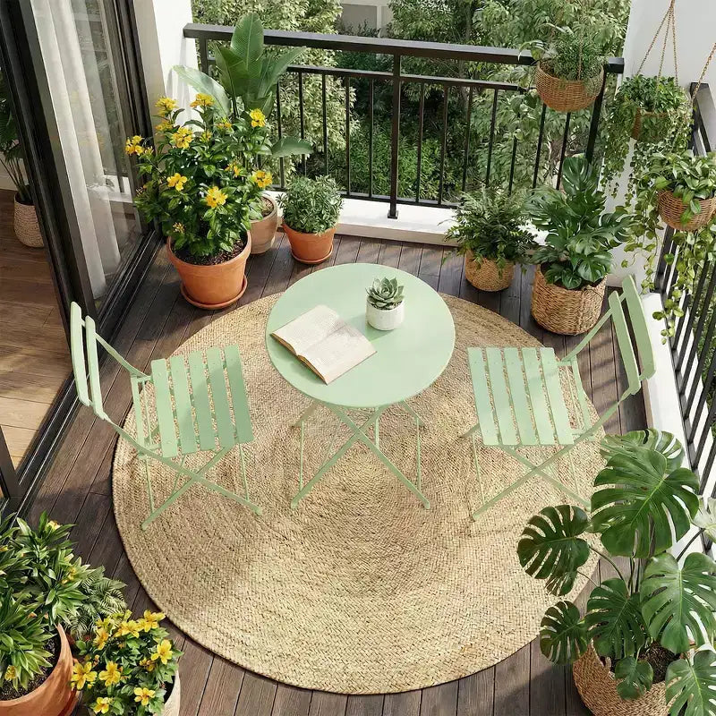 3 Piece Folding Patio Bistro Set, Outdoor/Indoor Bistro Table and Chairs Set with Metal Frame, Portable Round Table with 2 Chairs for Garden Porch