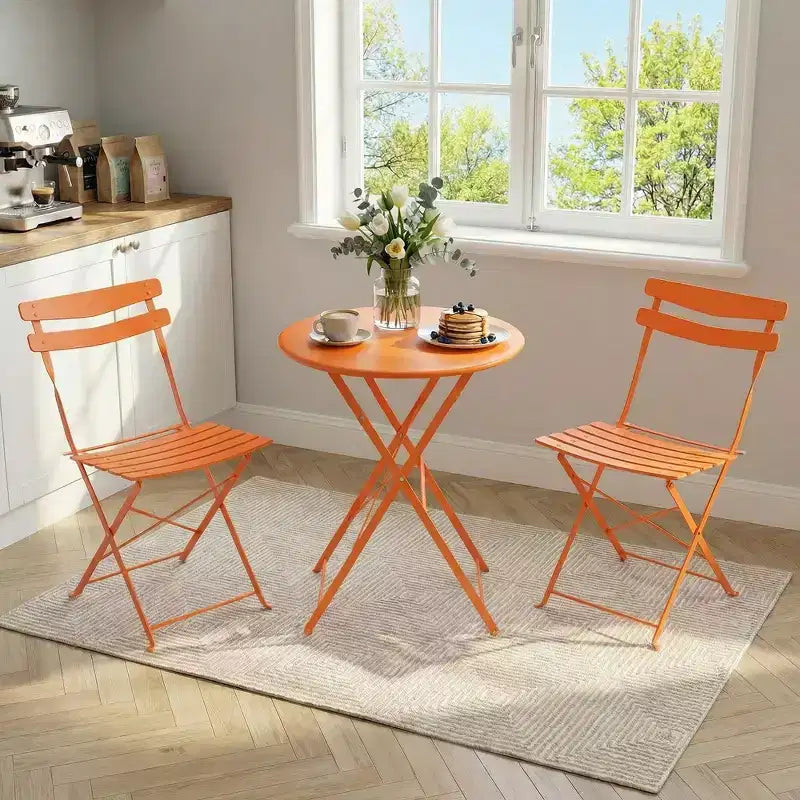 3 Piece Folding Patio Bistro Set, Outdoor/Indoor Bistro Table and Chairs Set with Metal Frame, Portable Round Table with 2 Chairs for Garden Porch