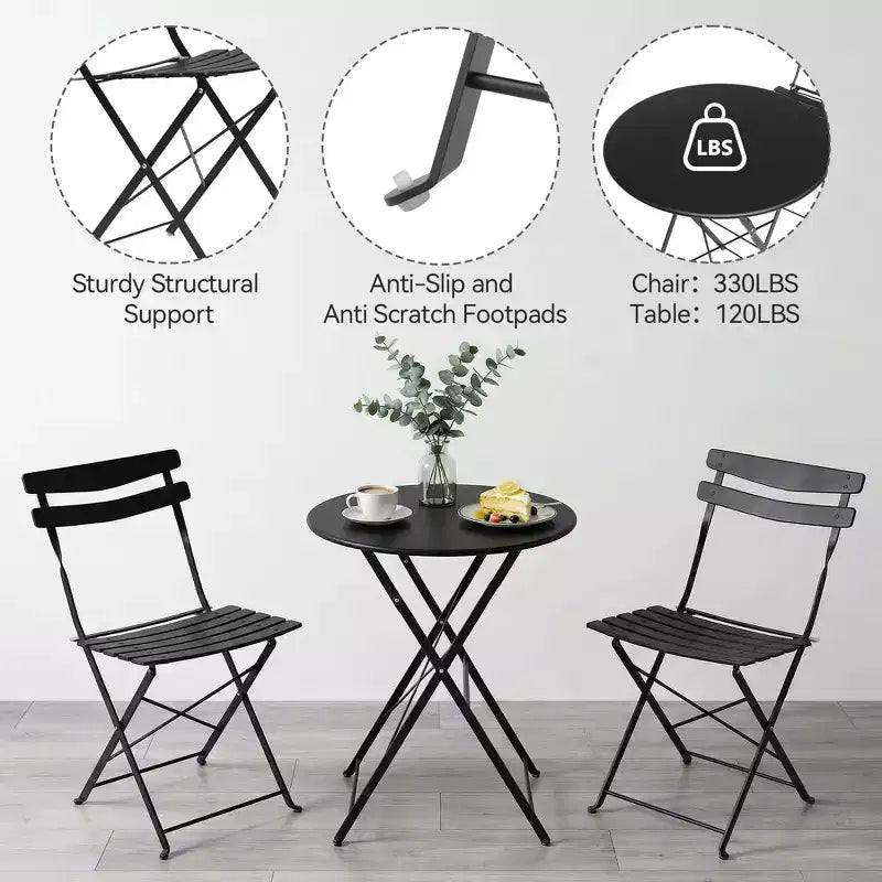 3 Piece Folding Patio Bistro Set, Outdoor/Indoor Bistro Table and Chairs Set with Metal Frame, Portable Round Table with 2 Chairs for Garden Porch