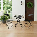3 Piece Folding Patio Bistro Set, Outdoor/Indoor Bistro Table and Chairs Set with Metal Frame, Portable Round Table with 2 Chairs for Garden Porch