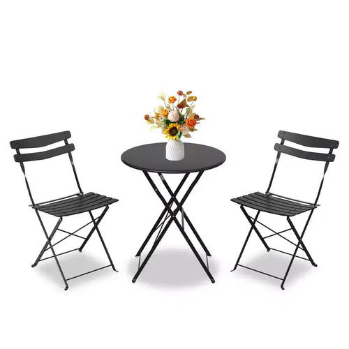 3 Piece Folding Patio Bistro Set, Outdoor/Indoor Bistro Table and Chairs Set with Metal Frame, Portable Round Table with 2 Chairs for Garden Porch