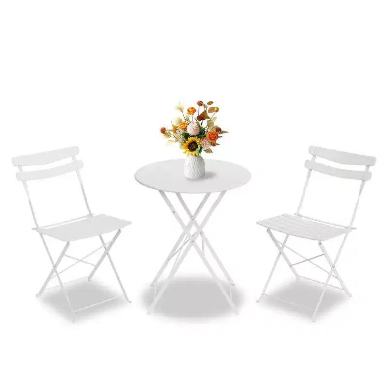 3 Piece Folding Patio Bistro Set, Outdoor/Indoor Bistro Table and Chairs Set with Metal Frame, Portable Round Table with 2 Chairs for Garden Porch