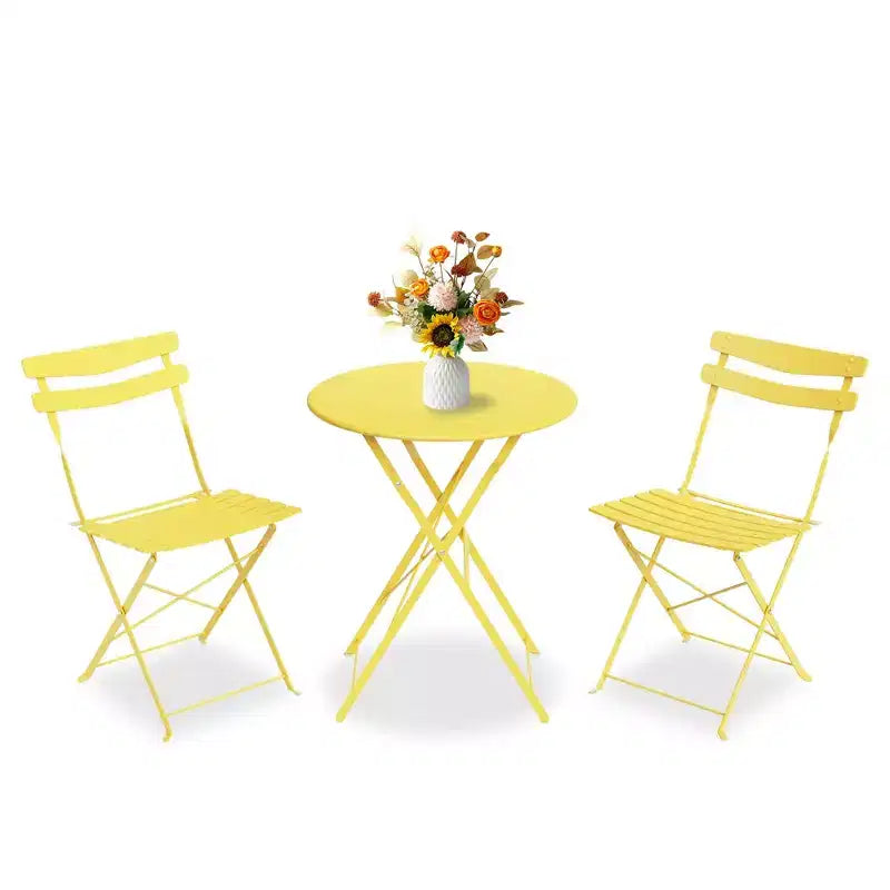 3 Piece Folding Patio Bistro Set, Outdoor/Indoor Bistro Table and Chairs Set with Metal Frame, Portable Round Table with 2 Chairs for Garden Porch