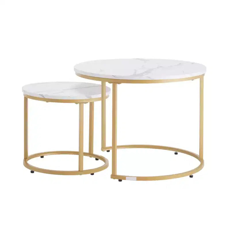 2 Piece White Gold Nesting Coffee Table Set, 23.6 Round Marble Pattern MDF Metal Frame End Side Tables for Small Space